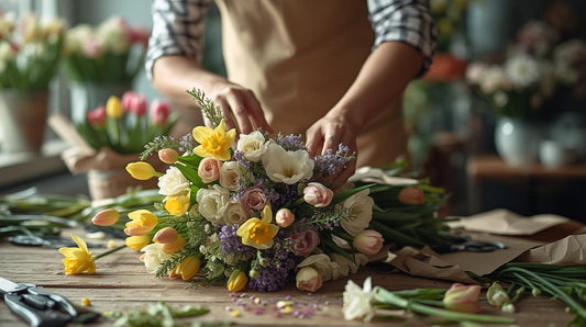 Florist assembling a spring flower arrangement